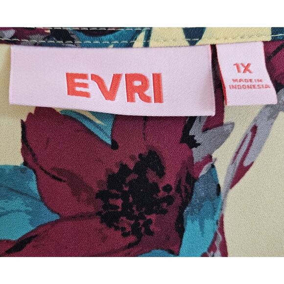 EVRI Women's 1X Blouse V-Neck Drawstring Waist Yellow Floral 3/4 Sleeve 50" - Picture 3 of 7